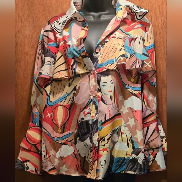 HOST PICK! πQing Pinz GORGEOUS embroidered ruffle colorful art top szM - Picture 2 of 10